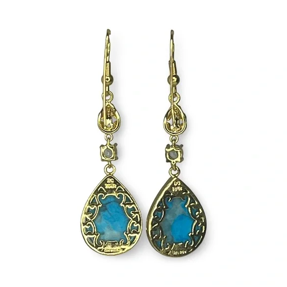 Beria Collection 18k Gold Over Bronze Turquoise Stone Dangling Crystal Earrings - Picture 4 of 6